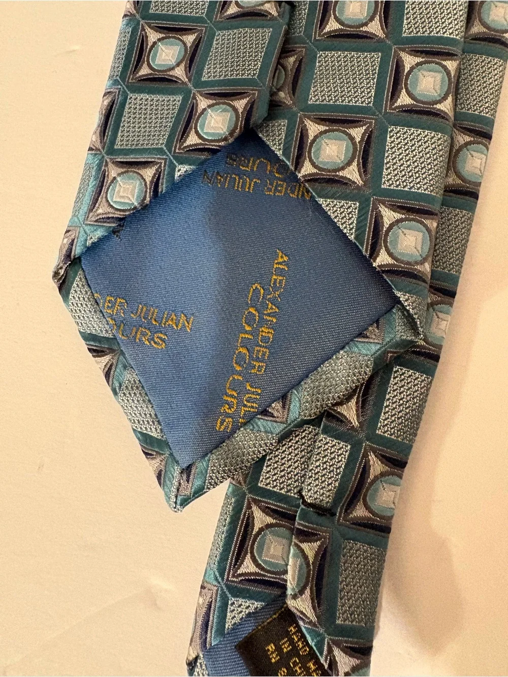 Vintage Alexander Julian COLOURS 100% Silk Tie Teal Blue Gray Geometric 80s 90s